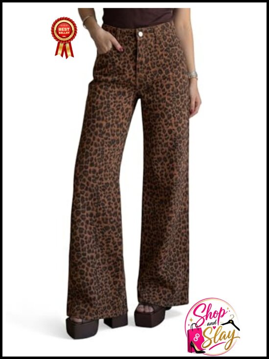 Denim - Womens High Waisted Wide Leg Baggy Stretchy Jeans Leopard Print